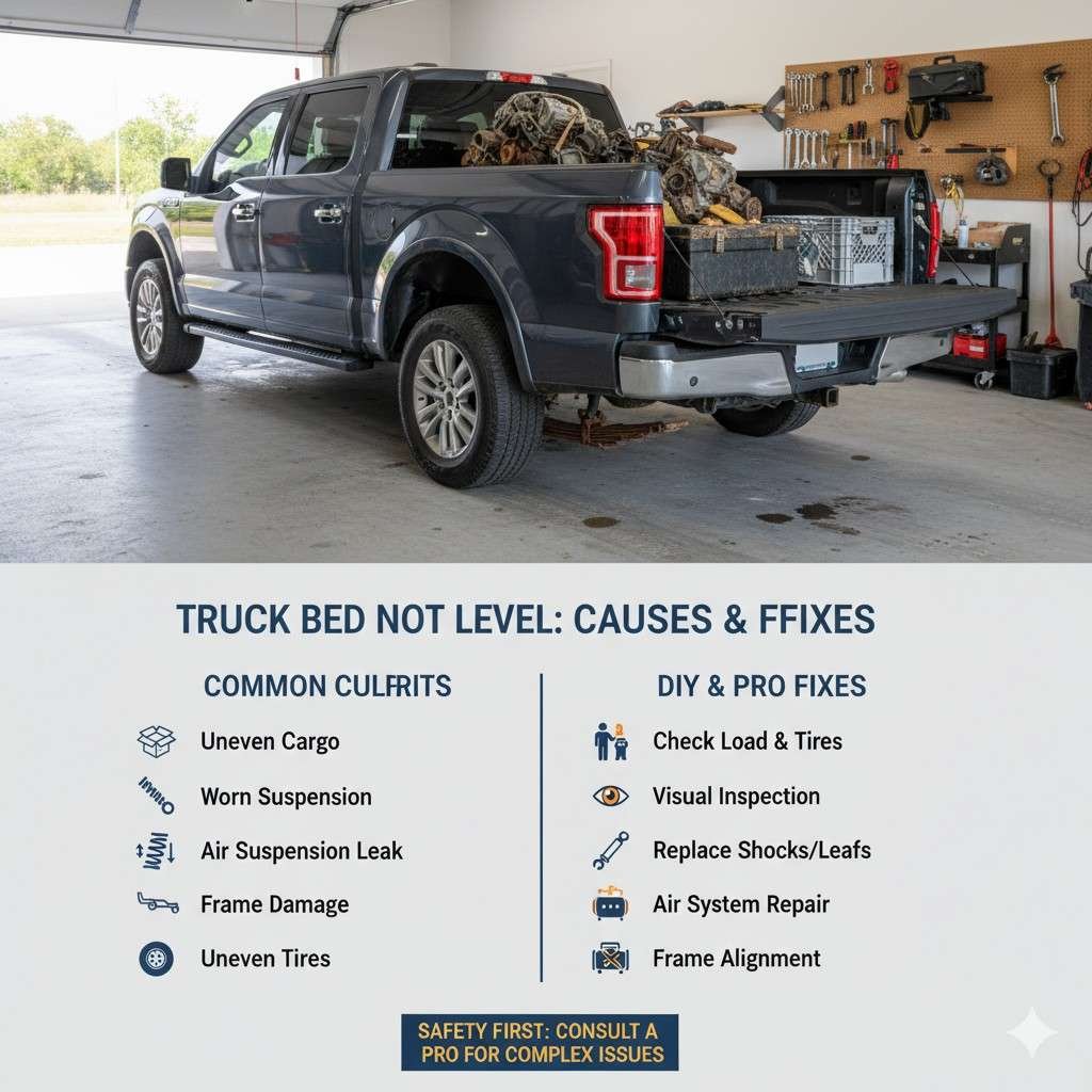 Truck bed not level infographic showing common causes like uneven cargo, worn suspension, and fixes such as load check, shock replacement, and alignment.