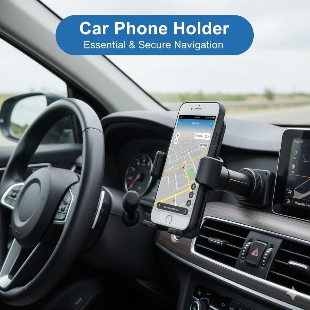 Smartphone displaying a navigation map securely mounted in a car phone holder on the dashboard of a modern car, with the steering wheel and road visible
