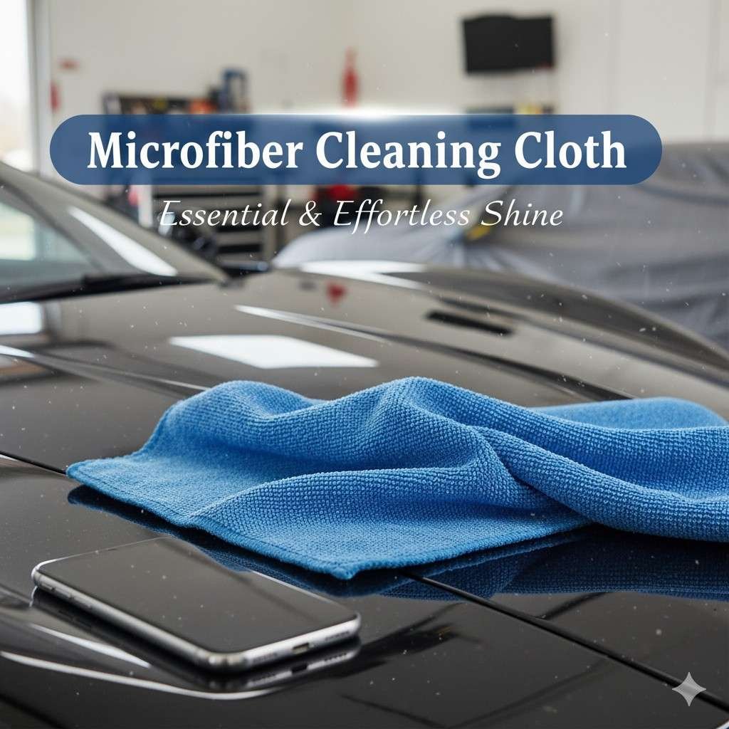Blue microfiber cleaning cloth resting on the hood of a shiny black car, with a smartphone beside it, emphasizing effortless shine.