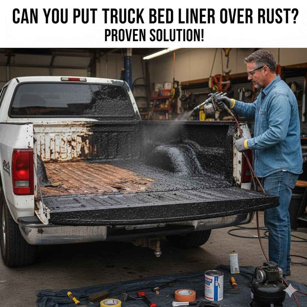 A man spraying a truck bed liner over a rusty pickup bed inside a garage, showing how to cover rust and protect the metal surface.