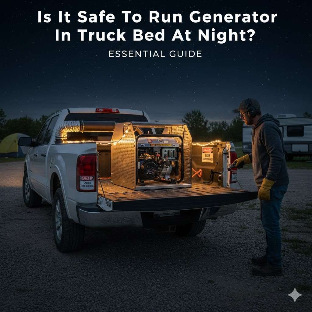 A man checking a portable generator in the bed of a pickup truck at night while camping, illustrating generator safety tips.