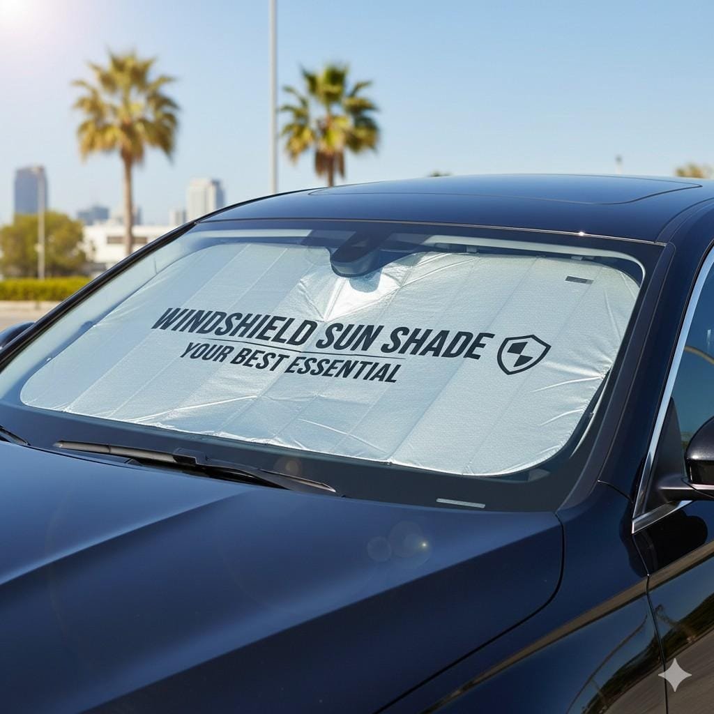 Silver windshield sun shade protecting car interior from sun, with "WINDSHIELD SUN SHADE YOUR BEST ESSENTIAL"
